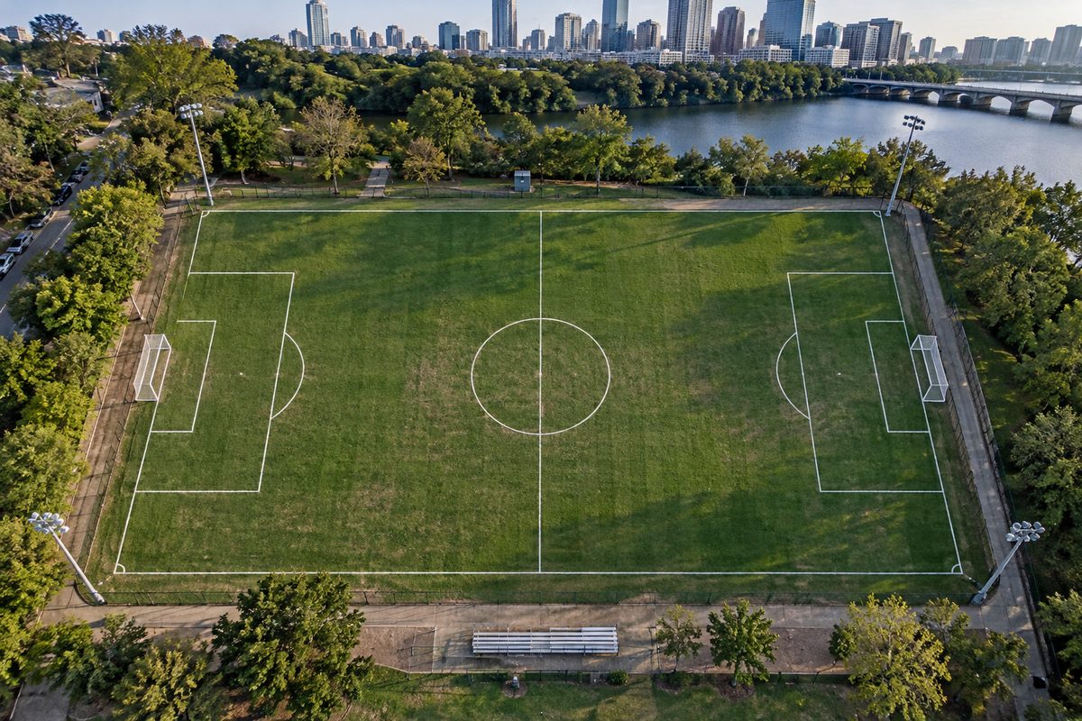Overhead aerial view of a green soccer pitch showing pitch markings and penalty box.